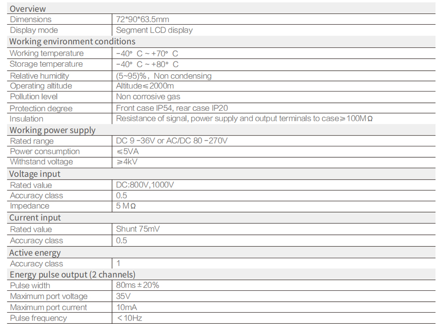 PD195Z-CD32F DC DIN-rail Mounted Energy Meter for EV Charger Technical Specification